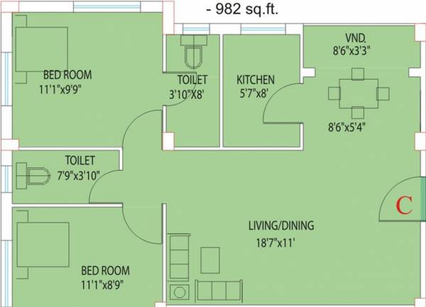 Eden Group Eden Flora II (2BHK+2T (982 sq ft) 982 sq ft)