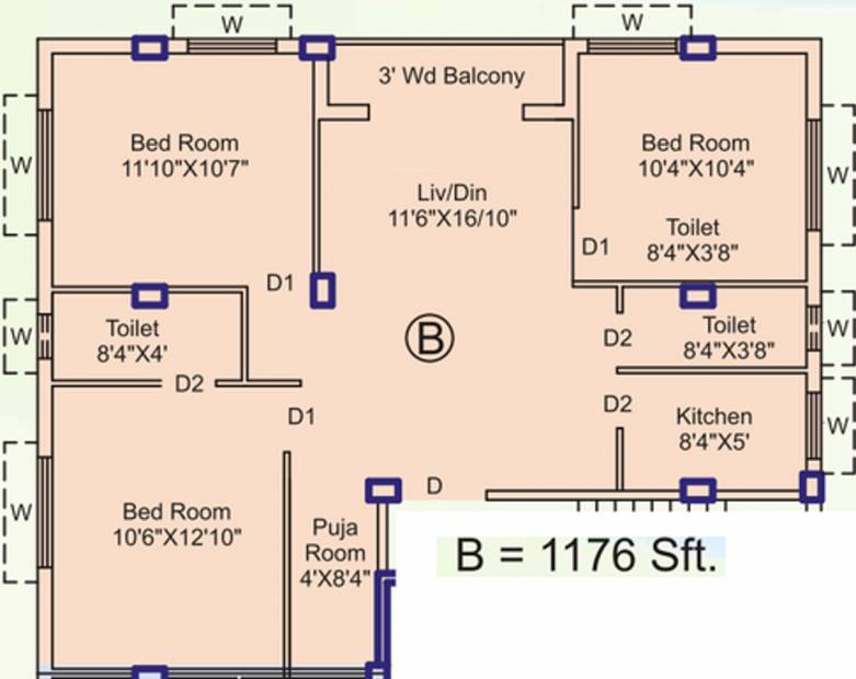 Eden Harmony (3BHK+2T (1,176 sq ft) + Pooja Room 1176 sq ft)