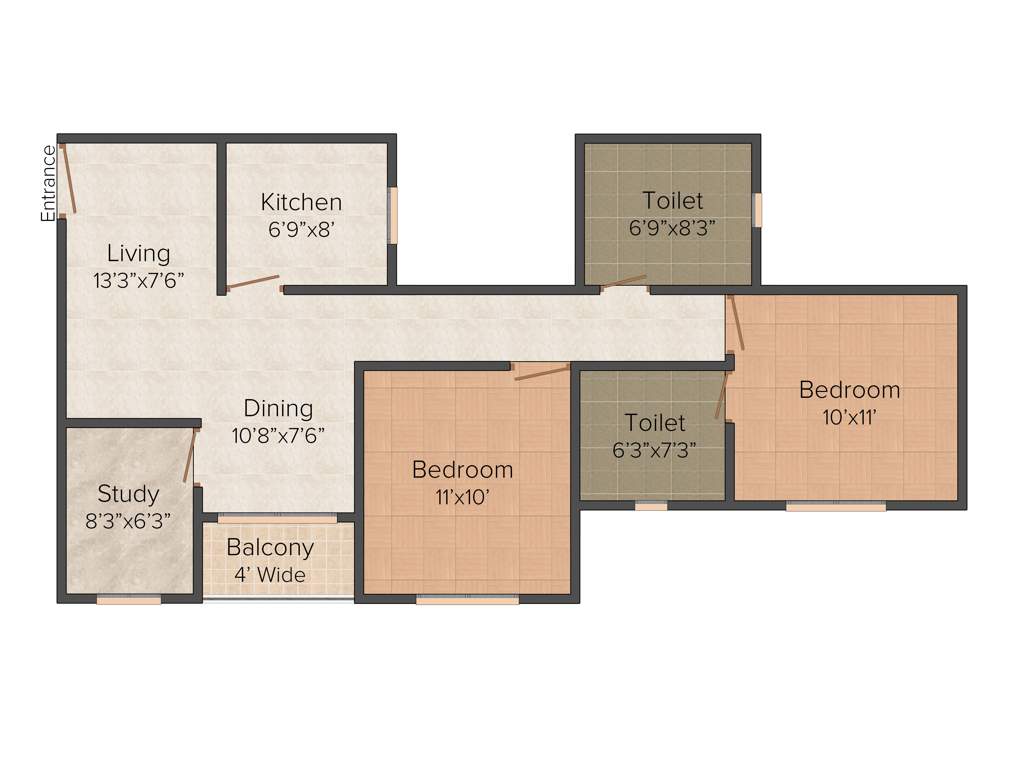 Siddha Town Madhyamgram (2BHK+2T (1,075 sq ft) + Study Room 1075 sq ft)