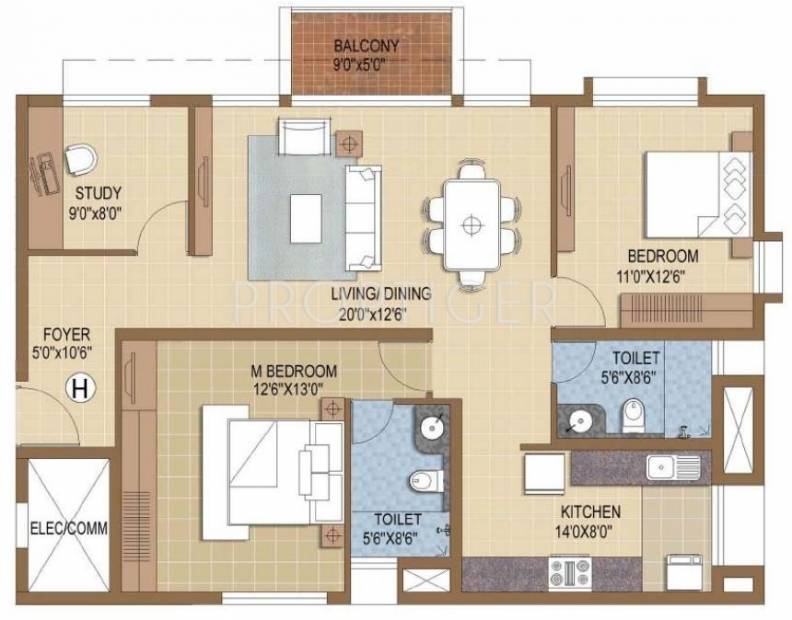 Prestige IVY Terraces (2BHK+2T (1,398 sq ft)   Study Room 1398 sq ft)