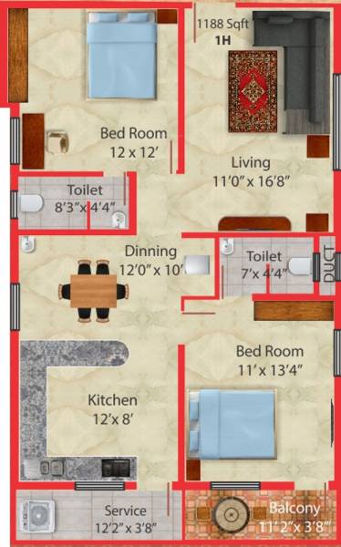 First Daisy (2BHK+2T (1,188 sq ft) 1188 sq ft)