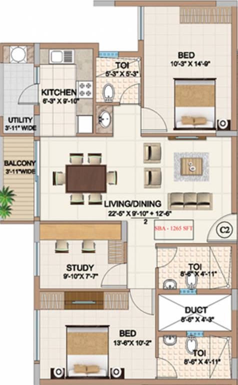 Ahad Meadows (2BHK+3T (1,265 sq ft) + Study Room 1265 sq ft) Ahad Meadows (2BHK+3T (1,265 sq ft) + Study Room 1265 sq ft)