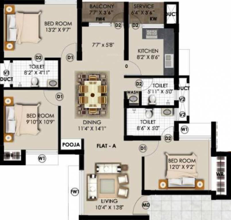 Sugal and Damani Foundations Lake Side (3BHK+3T (1,382 sq ft) 1382 sq ft)