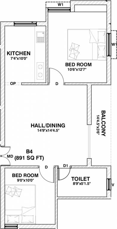 Brownstone Amber (2BHK+1T (891 sq ft) 891 sq ft)