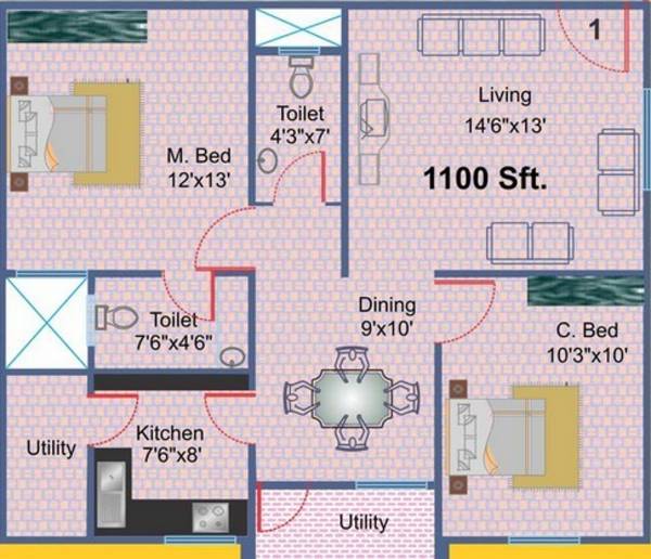 SVR SBR Sujana (2BHK+2T (1,100 sq ft) 1100 sq ft)