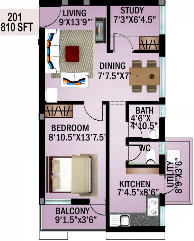 GMB Honey Dew (1BHK+2T (810 sq ft)   Study Room 810 sq ft)