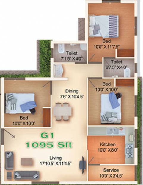 Grand Space Developers Pvt Ltd Raj Mehal Floor Plan (3BHK+2T (1,095 sq ft) 1095 sq ft)