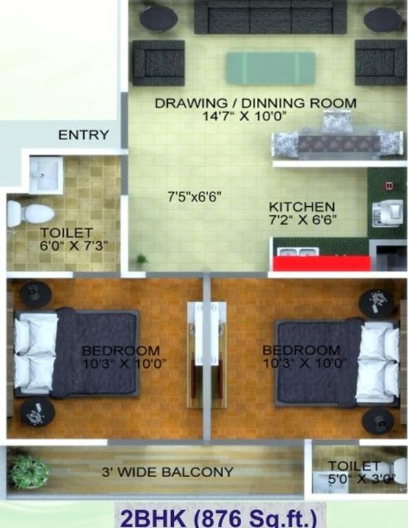 E3 Royal Greens (2BHK+2T (876 sq ft) 876 sq ft)