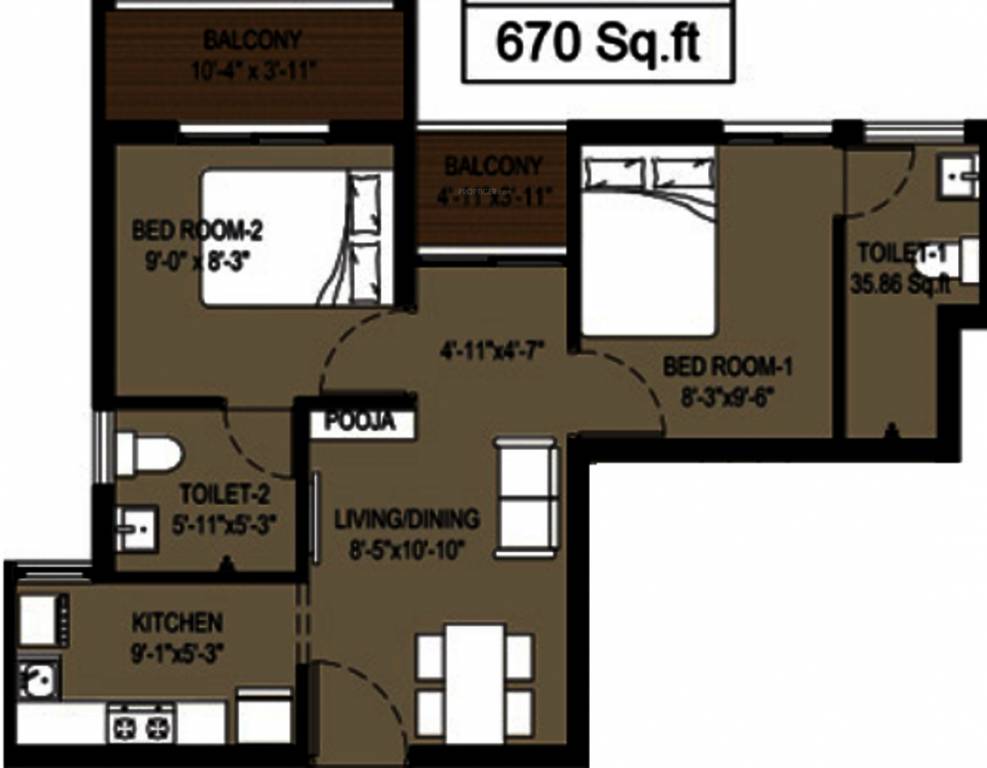 Arun Narmada (2BHK+2T (670 sq ft) + Pooja Room 670 sq ft)