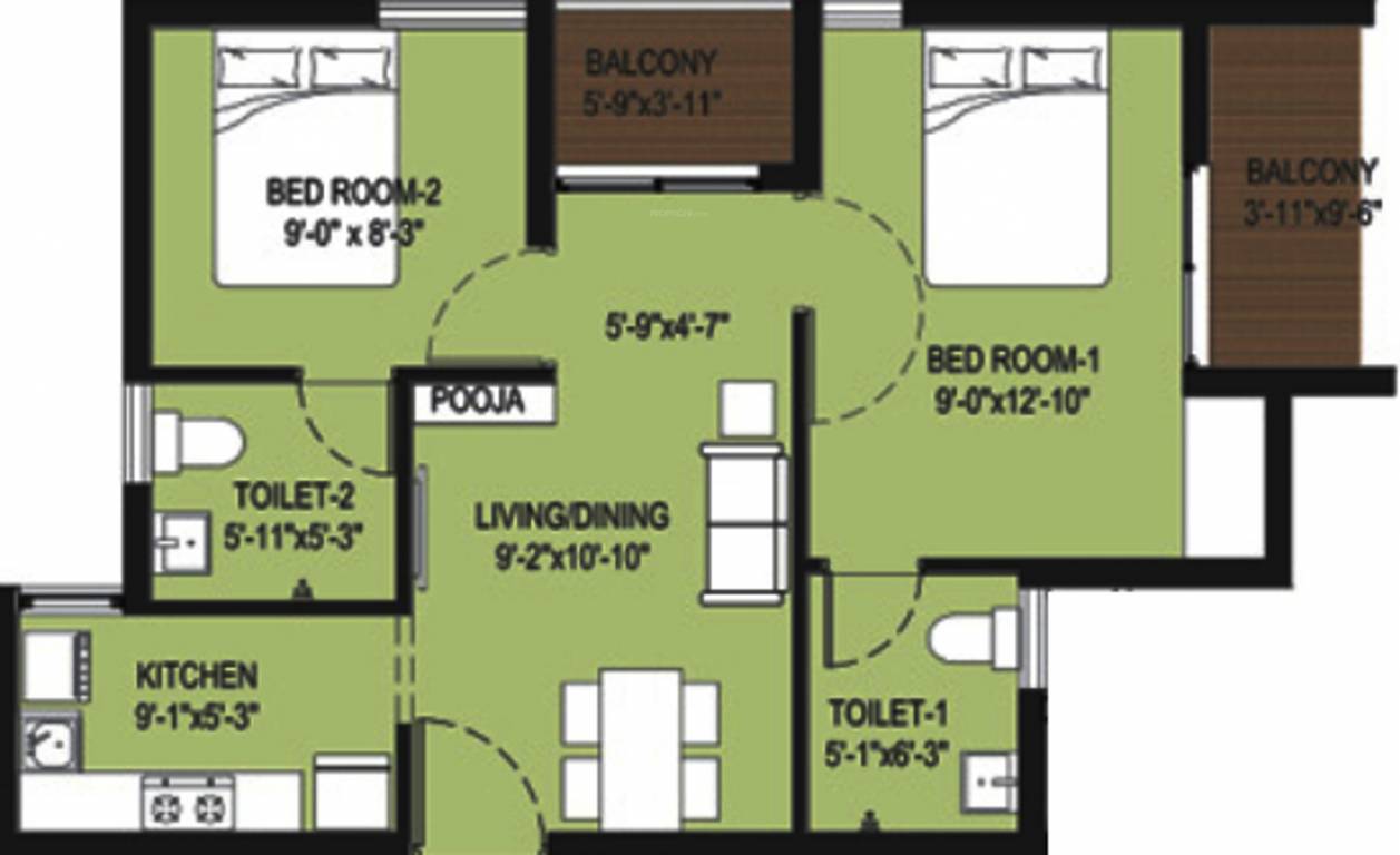 Arun Narmada (2BHK+2T (740 sq ft) + Pooja Room 740 sq ft)