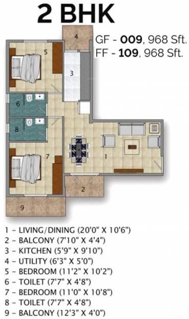 Green Atrium (2BHK+2T (968 sq ft) 968 sq ft)
