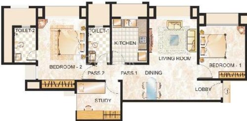 Hiranandani Developers Paloma Floor Plan (2BHK+2T + Study Room)