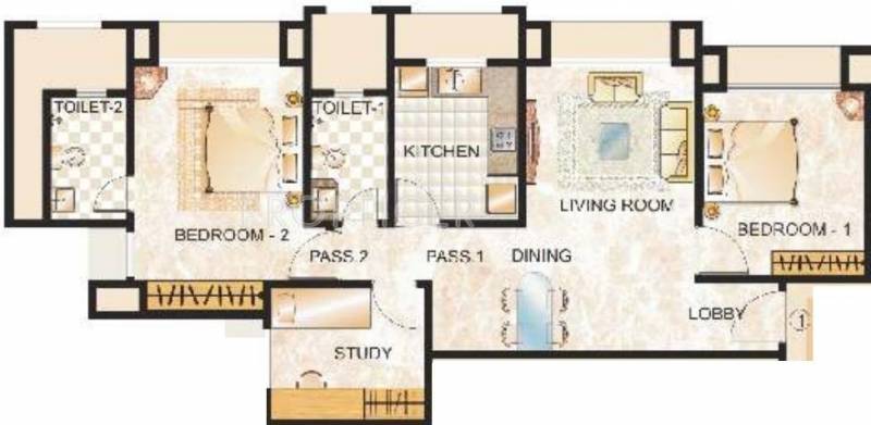 Hiranandani Developers Paloma Floor Plan (2BHK+2T + Study Room)