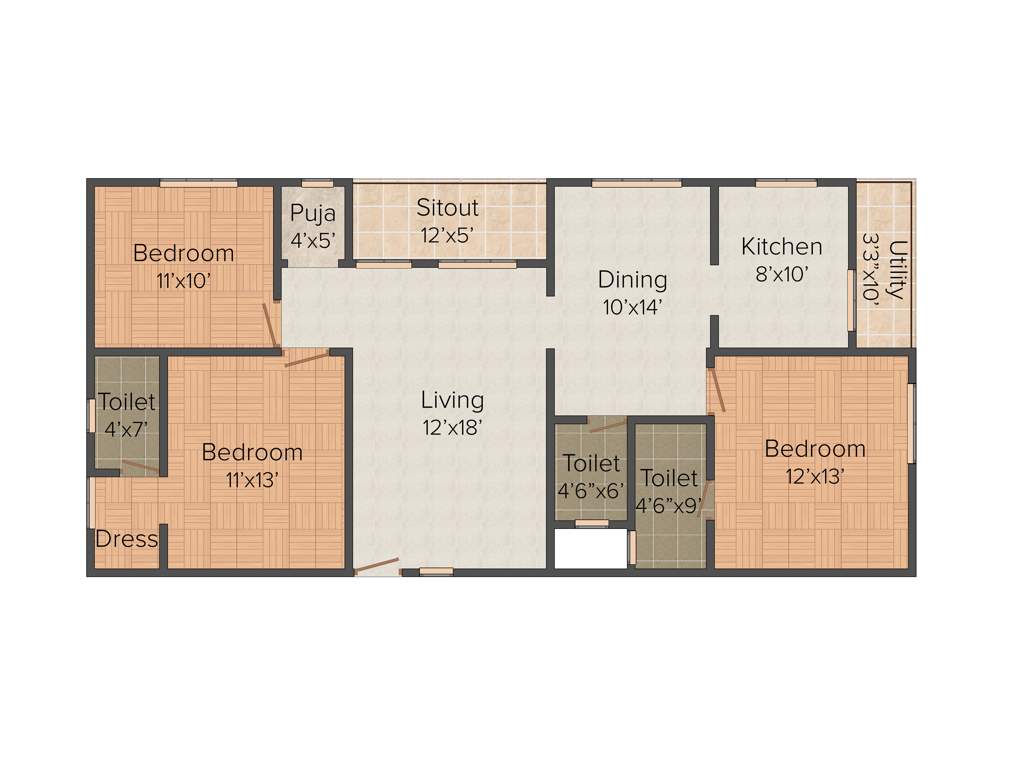 Space Tristar Homes (3BHK+3T (1,600 sq ft) + Pooja Room 1600 sq ft)