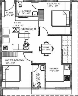 966 sq ft 2 BHK Floor Plan Image - Nu Tech Associates Athreya