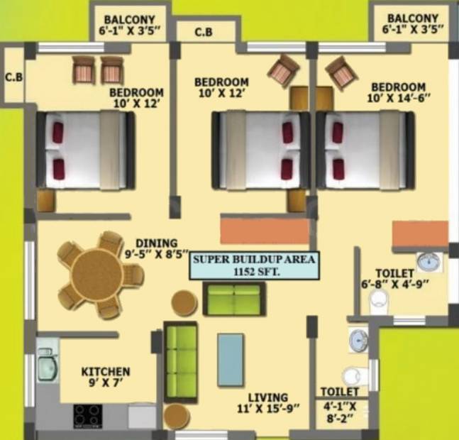 Shashank Constructions Platina Dream City Floor Plan (3BHK+2T (1,152 sq ft) 1152 sq ft)