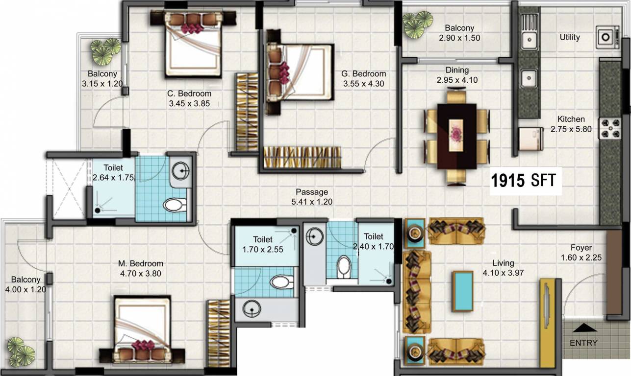 Esteem Splendor II (3BHK+3T (1,915 sq ft) 1915 sq ft)