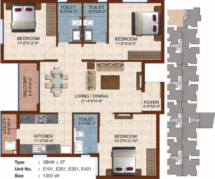 Casagrand Vivant (3BHK+3T (1,352 sq ft) 1352 sq ft)