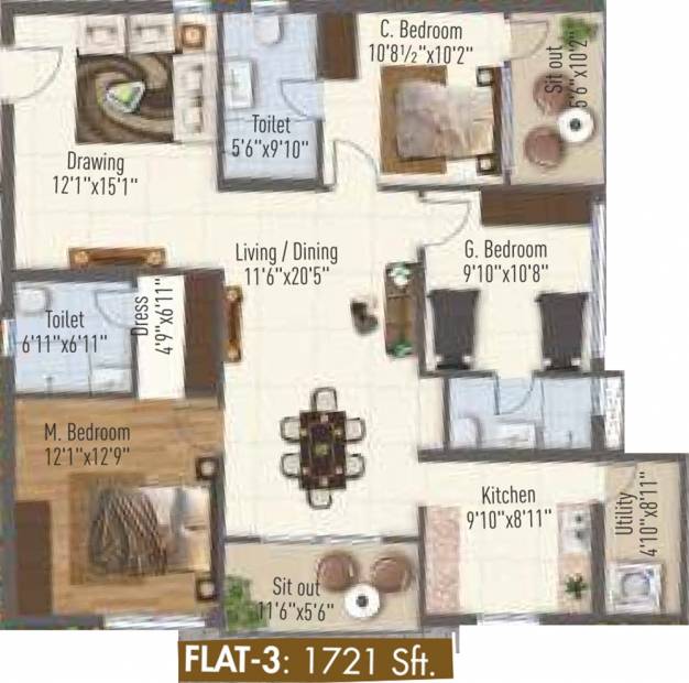 SRK Vista Residences (3BHK+3T (1,721 sq ft) 1721 sq ft)
