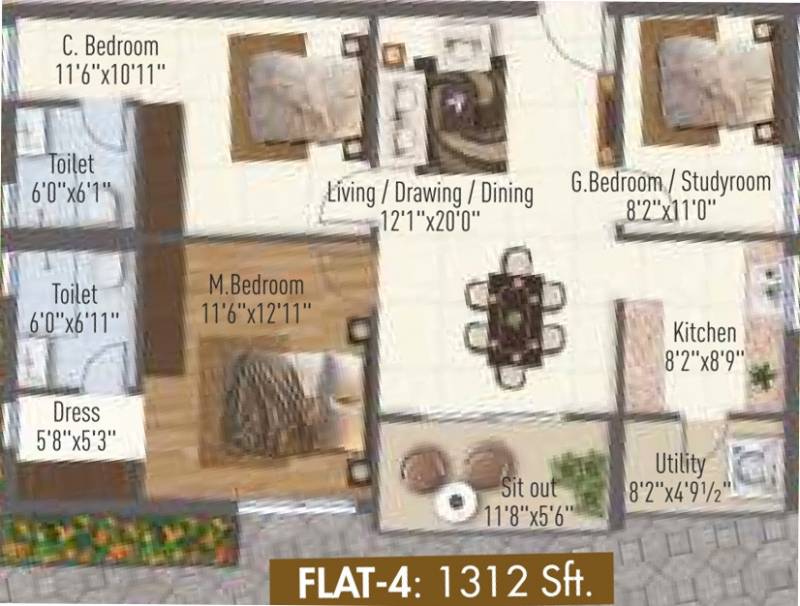 SRK Vista Residences (3BHK+2T (1,312 sq ft) 1312 sq ft)