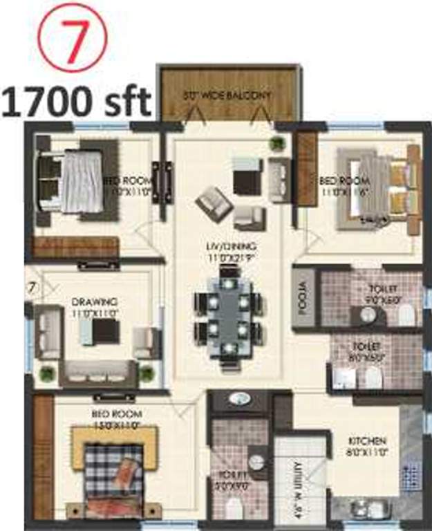 Aditya Beaumont (3BHK+3T (1,700 sq ft) + Pooja Room 1700 sq ft)