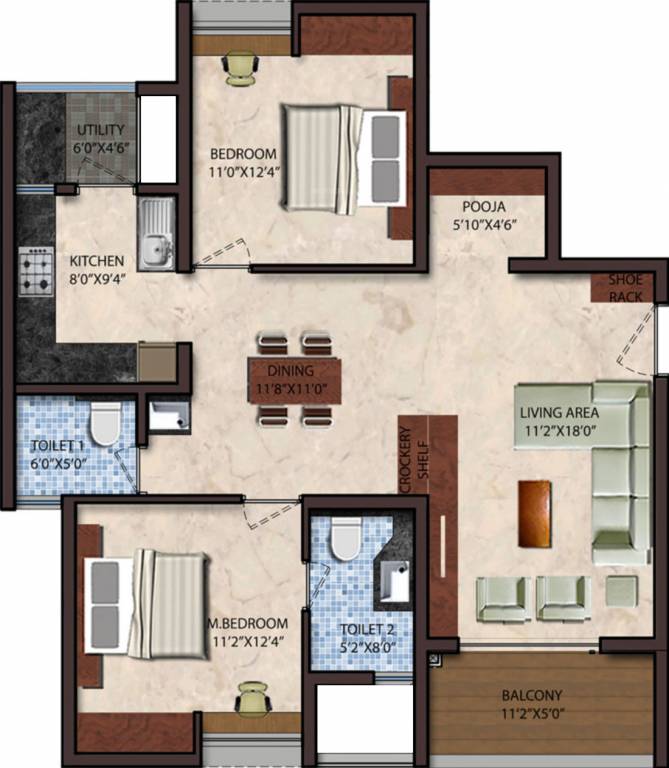 Upscale Golden Lotus (2BHK+2T (1,188 sq ft) + Pooja Room 1188 sq ft)