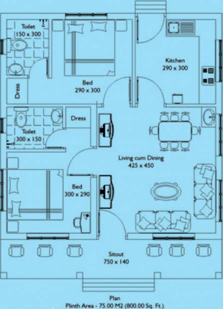 Mather Builders Misty Medows Floor Plan (2BHK+2T (800 sq ft) 800 sq ft)