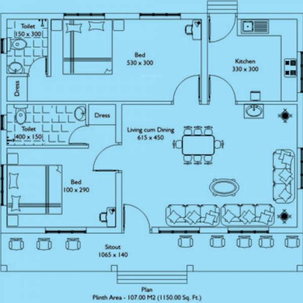 Mather Builders Misty Medows Floor Plan (2BHK+2T (1,150 sq ft) 1150 sq ft)