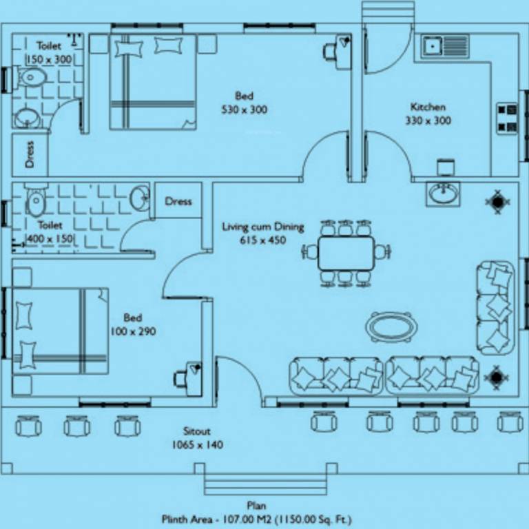 Mather Builders Misty Medows Floor Plan (2BHK+2T (1,150 sq ft) 1150 sq ft)