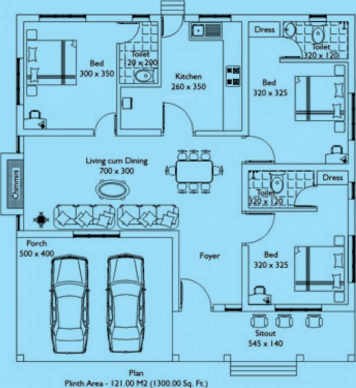 Mather Builders Misty Medows Floor Plan (3BHK+3T (1,300 sq ft) 1300 sq ft)