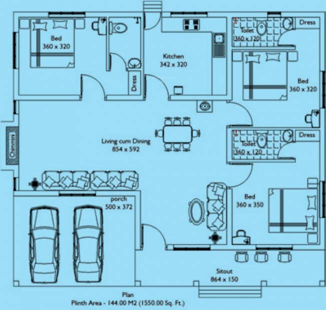 Mather Builders Misty Medows Floor Plan (3BHK+3T (1,550 sq ft) 1550 sq ft)