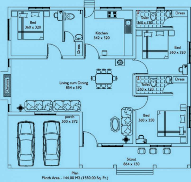 Mather Builders Misty Medows Floor Plan (3BHK+3T (1,550 sq ft) 1550 sq ft)
