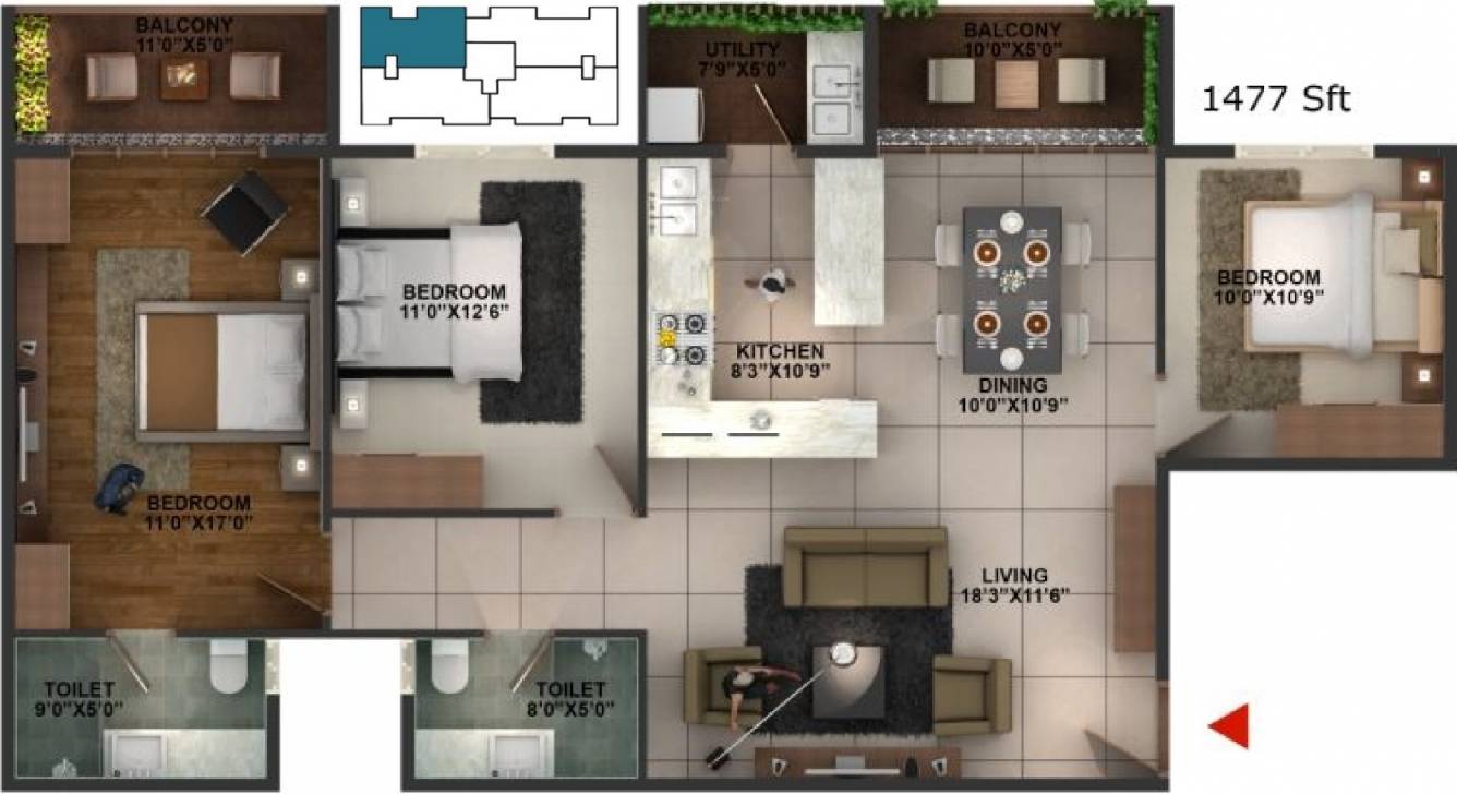 Essem Poetree (3BHK+2T (1,477 sq ft) 1477 sq ft)