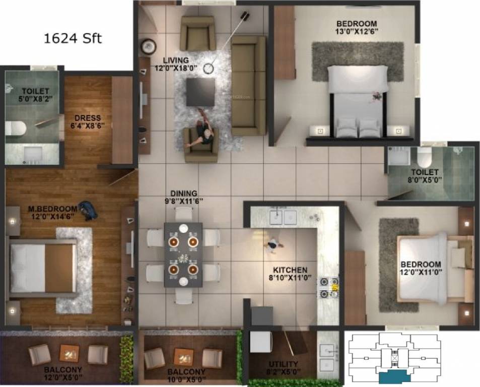 Essem Poetree (3BHK+2T (1,624 sq ft) 1624 sq ft)