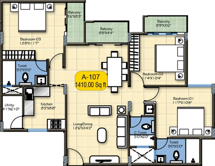 Hoysala Broxia (3BHK+3T (1,410 sq ft) 1410 sq ft)