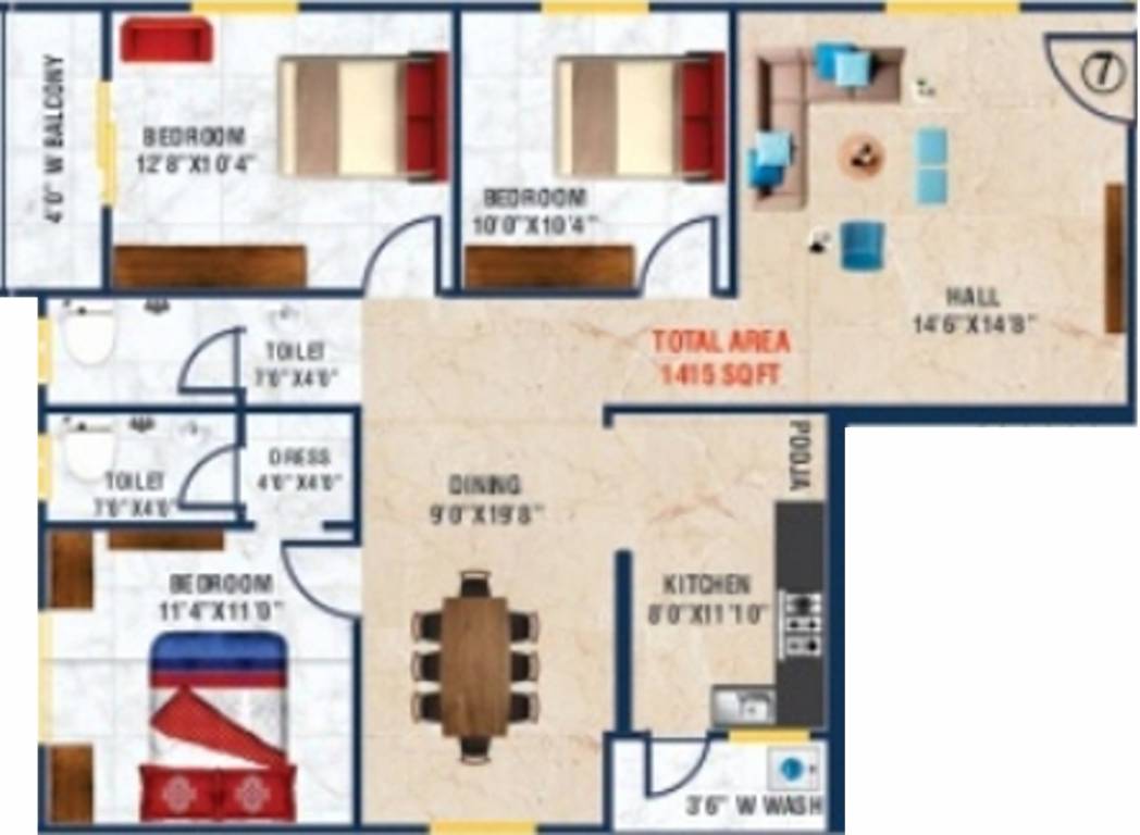 Infocity Jewel (3BHK+2T (1,415 sq ft) + Pooja Room 1415 sq ft)