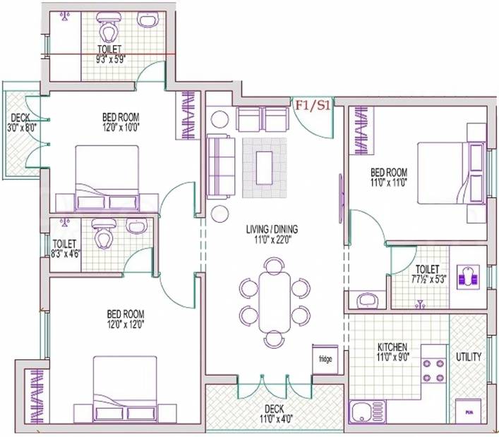 Reputed Sun Flats (3BHK+3T (1,327 sq ft) 1327 sq ft)