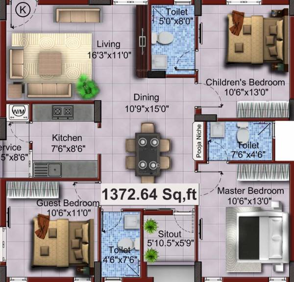 OM Shakthy Santha Towers Phase III (3BHK+3T (1,372 sq ft) + Pooja Room 1372 sq ft)