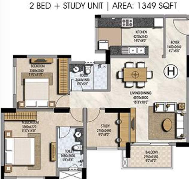 Prestige Misty Waters (2BHK+2T (1,349 sq ft) + Study Room 1349 sq ft)