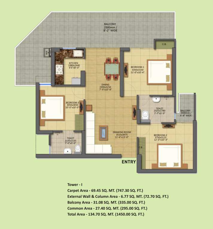 Gaursons 7th Avenue (3BHK+2T (1,450 sq ft) 1450 sq ft)