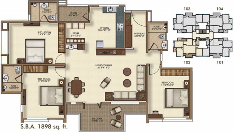 Narayan Luxuria (3BHK+3T (1,898 sq ft) 1898 sq ft)