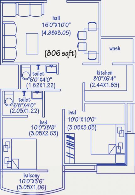 Paras Lifestyles Gulab Vatika Apartment (2BHK+2T (806 sq ft) 806 sq ft)