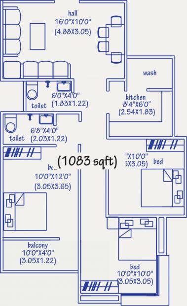Paras Lifestyles Gulab Vatika Apartment (3BHK+2T (1,083 sq ft) 1083 sq ft)