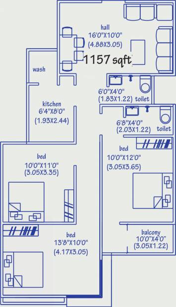 Paras Lifestyles Gulab Vatika Apartment (3BHK+2T (1,157 sq ft) 1157 sq ft)