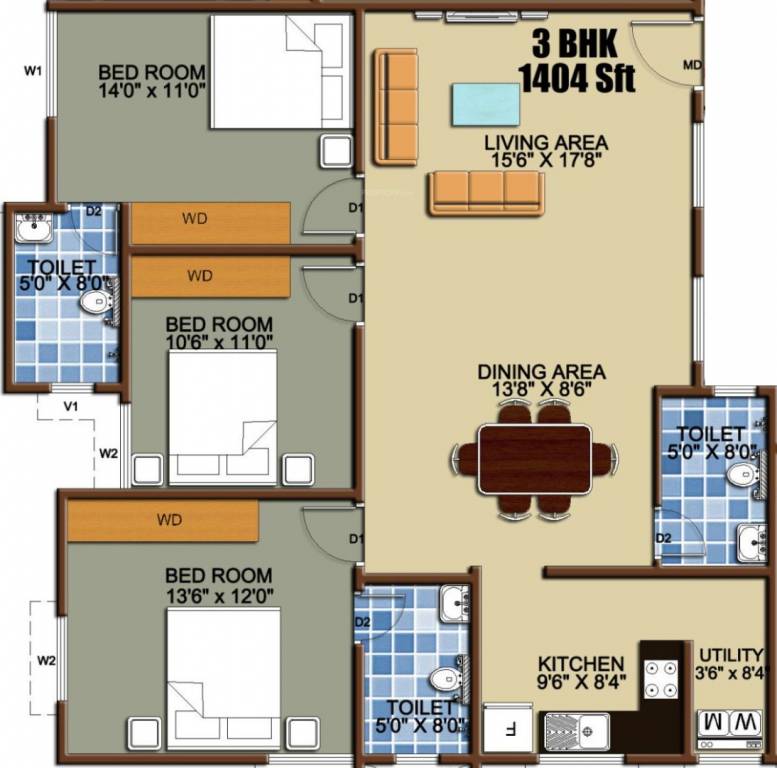 Confident Sagitta (3BHK+3T (1,404 sq ft) 1404 sq ft)