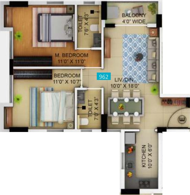 Primarc Allure (2BHK+2T (962 sq ft) 962 sq ft)