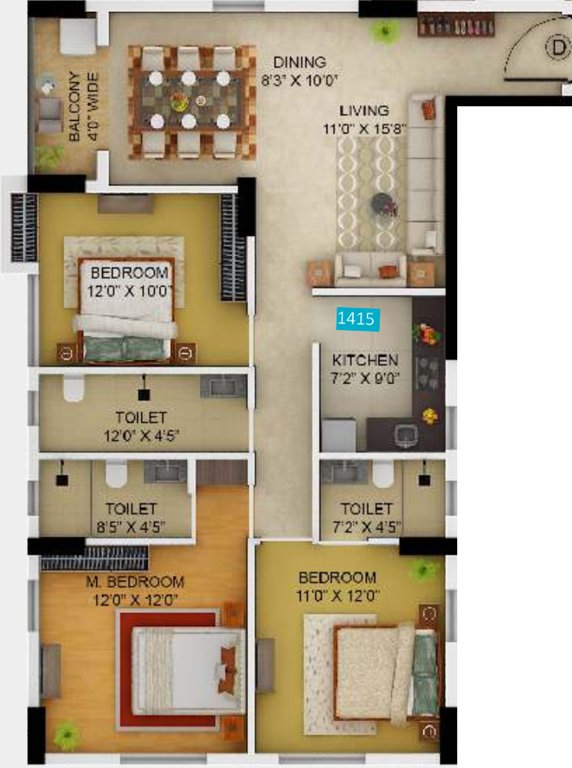 Primarc Allure (3BHK+3T (1,415 sq ft) 1415 sq ft)