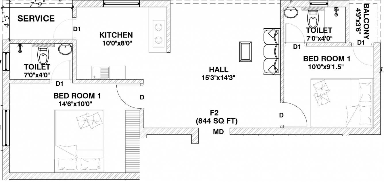 Brownstone Raj Mayura (2BHK+2T (844 sq ft) 844 sq ft)