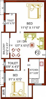 966 sq ft 2 BHK Floor Plan Image - Perfect Builders Pristine