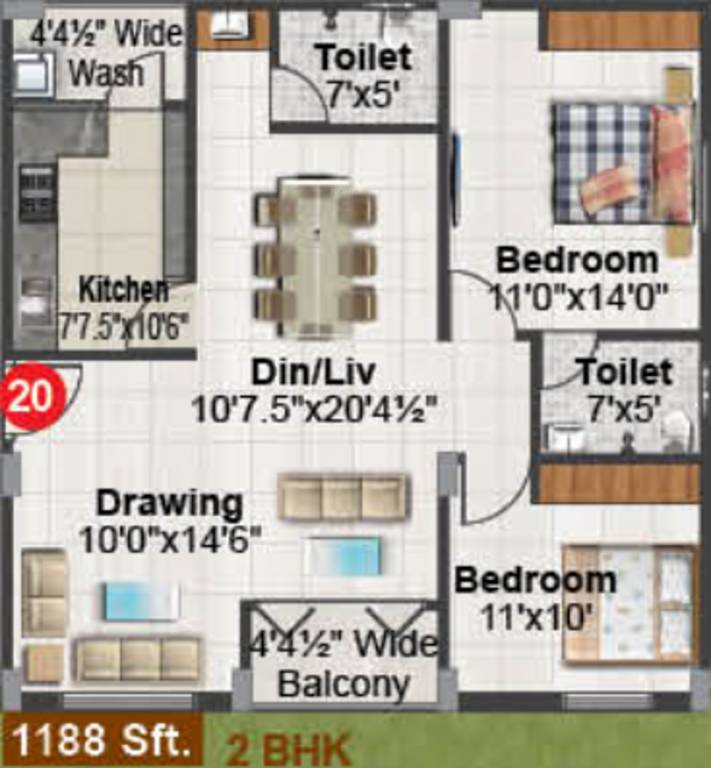 Gamut Ishta City (2BHK+2T (1,188 sq ft) 1188 sq ft)